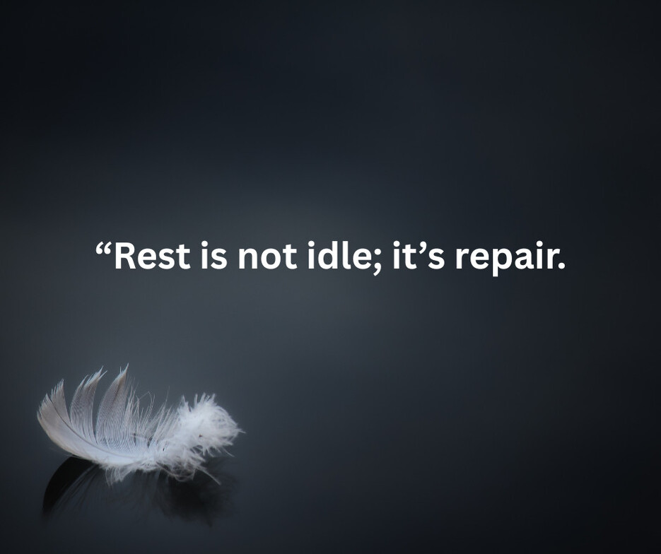dark background with feather and word rest is not idle; it's repair