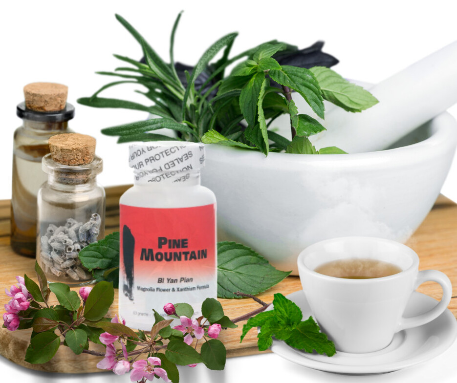 Bottle of Pine Mountain Bi Yan Pian herbal tablets beside cup of tea and magnolia flowers on wood table
