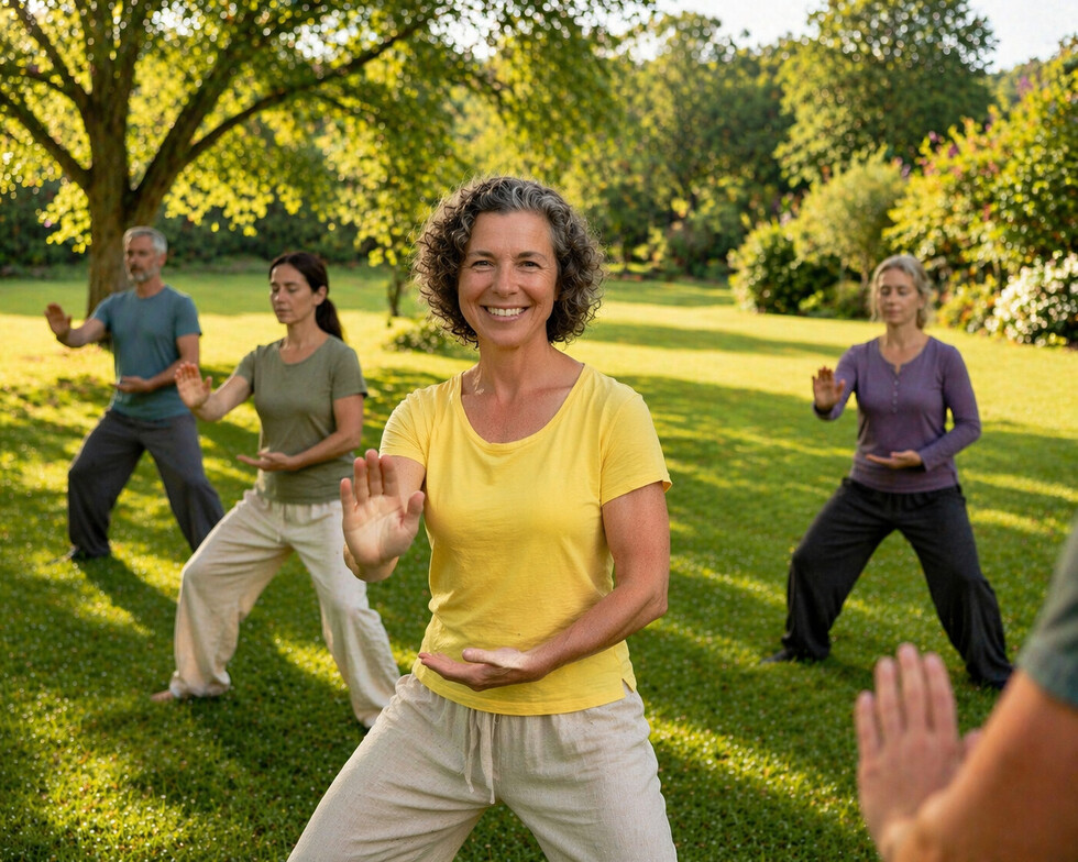 woman doing tai chi with the group in an open space in the park